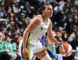 Rookie guard Azzi Fudd dribbling the ball at the top of the key while reading the New York Liberty defense.