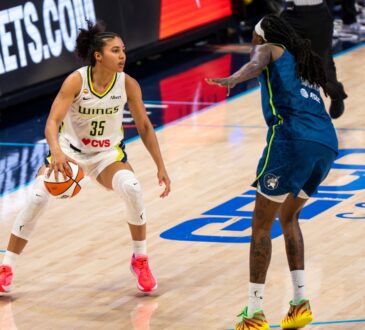 Rookie guard Azzi Fudd of the Dallas Wings handling the ball while being defended by Natasha Howard of the Minnesota Lynx.