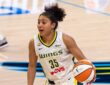 Rookie guard Azzi Fudd of the Dallas Wings handling the ball against the Minnesota Lynx at College Park Center.