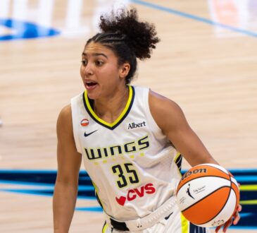 Rookie guard Azzi Fudd of the Dallas Wings handling the ball against the Minnesota Lynx at College Park Center.