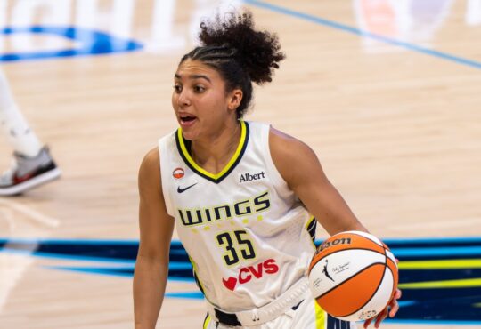 Rookie guard Azzi Fudd of the Dallas Wings handling the ball against the Minnesota Lynx at College Park Center.