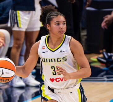 Dallas Wings rookie guard Azzi Fudd dribbling the ball up the court against the Minnesota Lynx at College Park Center.