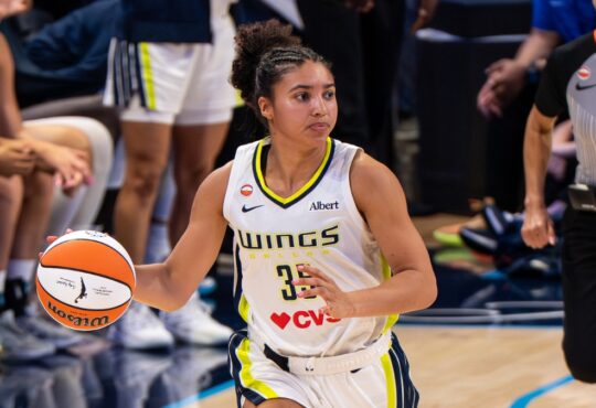 Dallas Wings rookie guard Azzi Fudd dribbling the ball up the court against the Minnesota Lynx at College Park Center.