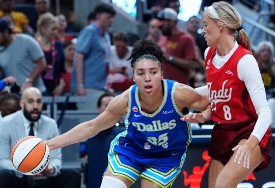 Azzi Fudd (35) of the Dallas Wings drives to the basket against Sophie Cunningham (8) of the Indiana Fever.