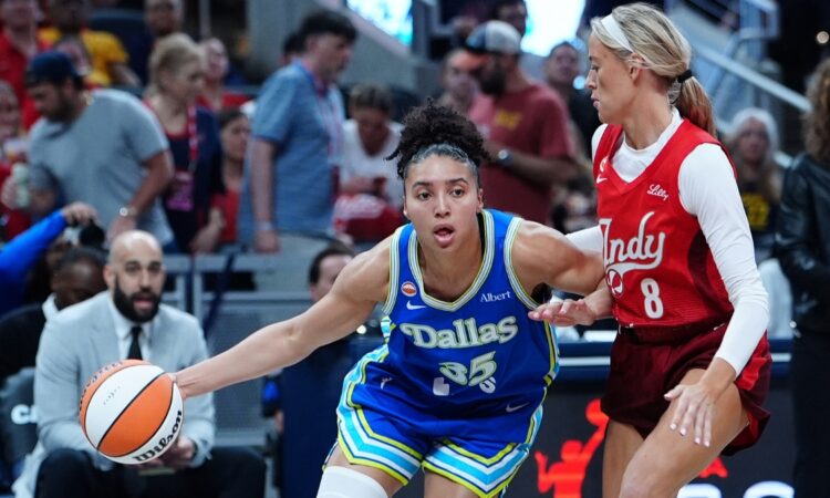 Azzi Fudd (35) of the Dallas Wings drives to the basket against Sophie Cunningham (8) of the Indiana Fever.