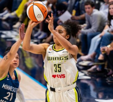 Rookie guard Azzi Fudd pulling up for a mid-range jump shot along the wing during a home matchup at College Park Center.