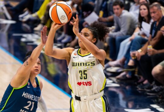 Rookie guard Azzi Fudd pulling up for a mid-range jump shot along the wing during a home matchup at College Park Center.