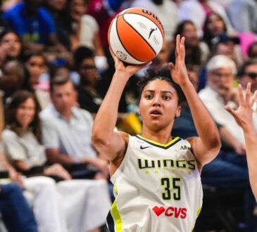 Dallas Wings rookie Azzi Fudd rising for a jump shot against the Minnesota Lynx during her home debut at College Park Center.