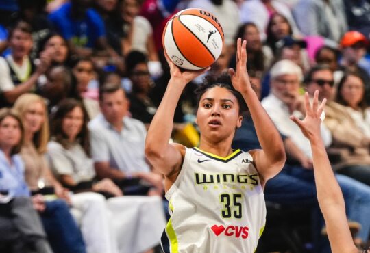 Dallas Wings rookie Azzi Fudd rising for a jump shot against the Minnesota Lynx during her home debut at College Park Center.