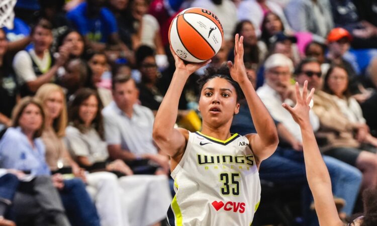 Dallas Wings rookie Azzi Fudd rising for a jump shot against the Minnesota Lynx during her home debut at College Park Center.