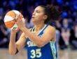 Rookie guard Azzi Fudd of the Dallas Wings rising for a mid-range pull-up jump shot against the Washington Mystics at College Park Center.