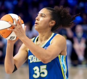 Rookie guard Azzi Fudd of the Dallas Wings rising for a mid-range pull-up jump shot against the Washington Mystics at College Park Center.