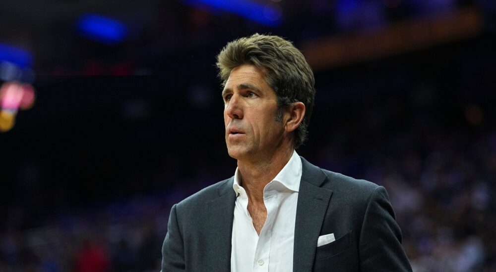 Bob Myers watching the Eastern Conference first round playoff game between the Boston Celtics and Philadelphia 76ers at Xfinity Mobile Arena.