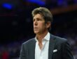 Bob Myers watching the Eastern Conference first round playoff game between the Boston Celtics and Philadelphia 76ers at Xfinity Mobile Arena.