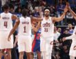 Evan Mobley #4, James Harden #1, Jarrett Allen #31, and Donovan Mitchell #45 of the Cleveland Cavaliers celebrate during Game 7 of the Eastern Conference Second Round playoffs against the Detroit Pistons at Little Caesars Arena on May 17, 2026.