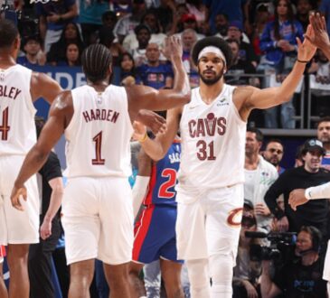Evan Mobley #4, James Harden #1, Jarrett Allen #31, and Donovan Mitchell #45 of the Cleveland Cavaliers celebrate during Game 7 of the Eastern Conference Second Round playoffs against the Detroit Pistons at Little Caesars Arena on May 17, 2026.