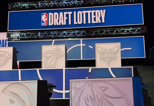 Rolando Blackman of the Dallas Mavericks on stage at the 2026 NBA Draft Lottery in Chicago.