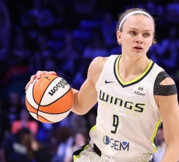 Grace Berger of the Dallas Wings handles the ball during a WNBA game against the Phoenix Mercury at College Park Center.