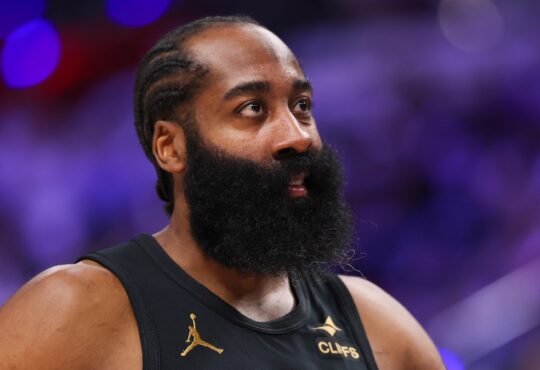 James Harden #1 of the Cleveland Cavaliers looks on during Game 1 of the Eastern Conference Second Round playoffs against the Detroit Pistons at Little Caesars Arena on May 05, 2026.