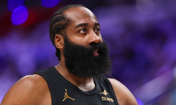 James Harden #1 of the Cleveland Cavaliers looks on during Game 1 of the Eastern Conference Second Round playoffs against the Detroit Pistons at Little Caesars Arena on May 05, 2026.