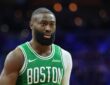 Boston Celtics guard Jaylen Brown looks on against the Philadelphia 76ers