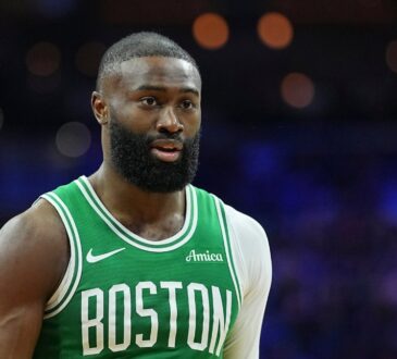 Boston Celtics guard Jaylen Brown looks on against the Philadelphia 76ers