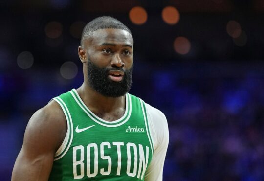 Boston Celtics guard Jaylen Brown looks on against the Philadelphia 76ers