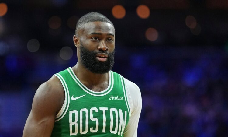 Boston Celtics guard Jaylen Brown looks on against the Philadelphia 76ers