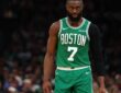 Jaylen Brown #7 of the Boston Celtics during the second quarter of Game 7 in the Eastern Conference First Round playoffs against the Philadelphia 76ers at TD Garden on May 02, 2026.