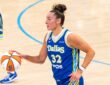 Dallas Wings forward Jessica Shepard dribbles the ball against the Atlanta Dream at College Park Center.