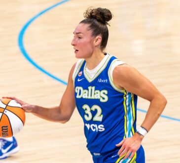 Dallas Wings forward Jessica Shepard dribbles the ball against the Atlanta Dream at College Park Center.