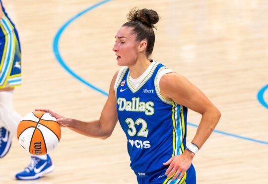 Dallas Wings forward Jessica Shepard dribbles the ball against the Atlanta Dream at College Park Center.