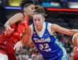 Jessica Shepard (32) of the Dallas Wings drives to the basket against Damiris Dantas (12) of the Indiana Fever.