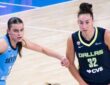 Jessica Shepard pivoting in the high post as Sky guard Gabriela Jaquez fights over an interior screen to contest the play.