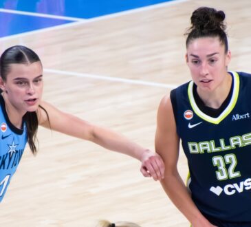 Jessica Shepard pivoting in the high post as Sky guard Gabriela Jaquez fights over an interior screen to contest the play.