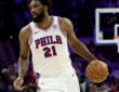 Joel Embiid #21 of the Philadelphia 76ers dribbles against the New York Knicks during Game 3 of the Eastern Conference Second Round at Xfinity Mobile Arena on May 08, 2026.