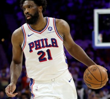 Joel Embiid #21 of the Philadelphia 76ers dribbles against the New York Knicks during Game 3 of the Eastern Conference Second Round at Xfinity Mobile Arena on May 08, 2026.