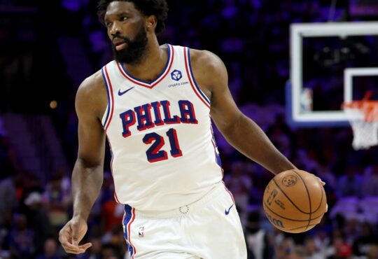 Joel Embiid #21 of the Philadelphia 76ers dribbles against the New York Knicks during Game 3 of the Eastern Conference Second Round at Xfinity Mobile Arena on May 08, 2026.