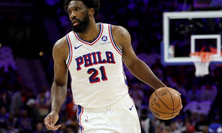 Joel Embiid #21 of the Philadelphia 76ers dribbles against the New York Knicks during Game 3 of the Eastern Conference Second Round at Xfinity Mobile Arena on May 08, 2026.