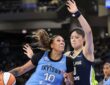 Chicago center Kamilla Cardoso putting the ball on the floor to drive toward the basket against the tight positional defense of Dallas center Li Yueru during the second half.