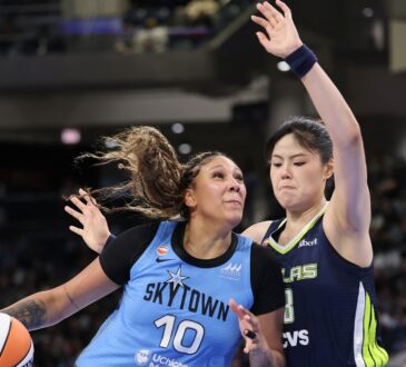 Chicago center Kamilla Cardoso putting the ball on the floor to drive toward the basket against the tight positional defense of Dallas center Li Yueru during the second half.