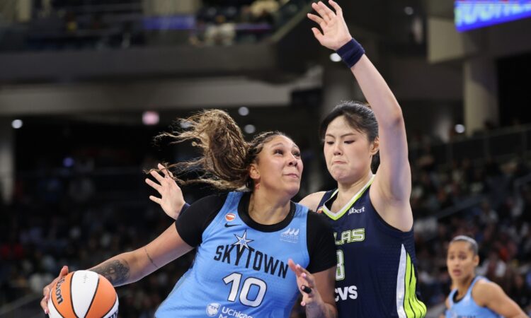 Chicago center Kamilla Cardoso putting the ball on the floor to drive toward the basket against the tight positional defense of Dallas center Li Yueru during the second half.