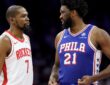 Kevin Durant #7 of the Houston Rockets and Joel Embiid #21 of the Philadelphia 76ers talk during a game at Xfinity Mobile Arena on January 22, 2026.
