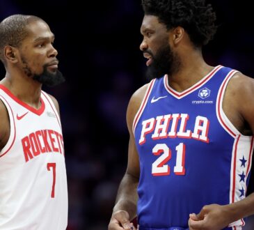 Kevin Durant #7 of the Houston Rockets and Joel Embiid #21 of the Philadelphia 76ers talk during a game at Xfinity Mobile Arena on January 22, 2026.