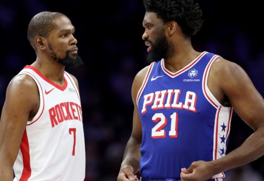 Kevin Durant #7 of the Houston Rockets and Joel Embiid #21 of the Philadelphia 76ers talk during a game at Xfinity Mobile Arena on January 22, 2026.