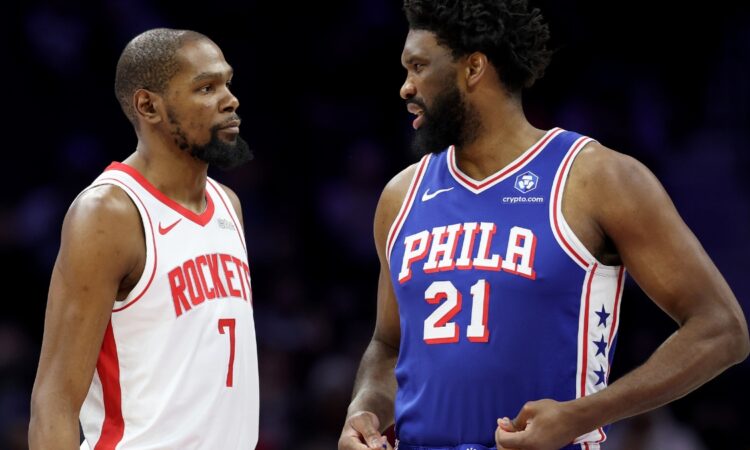 Kevin Durant #7 of the Houston Rockets and Joel Embiid #21 of the Philadelphia 76ers talk during a game at Xfinity Mobile Arena on January 22, 2026.