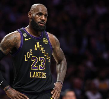 LeBron James #23 of the Los Angeles Lakers catches his breath during Game 4 of the Western Conference Second Round playoffs at Crypto.com Arena on May 11, 2026.