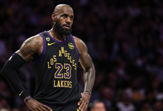 LeBron James #23 of the Los Angeles Lakers catches his breath during Game 4 of the Western Conference Second Round playoffs at Crypto.com Arena on May 11, 2026.