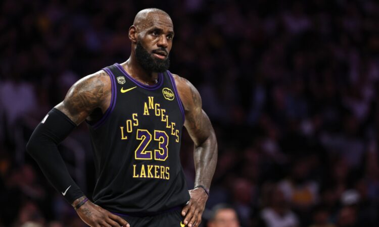 LeBron James #23 of the Los Angeles Lakers catches his breath during Game 4 of the Western Conference Second Round playoffs at Crypto.com Arena on May 11, 2026.