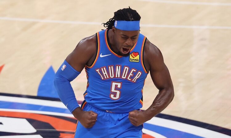 Oklahoma City Thunder forward Luguentz Dort reacts during Game 7 of the Western Conference finals